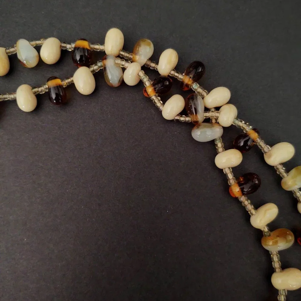 Honey, amber, beige, cream and cognac glass beaded necklace w/seed bead …